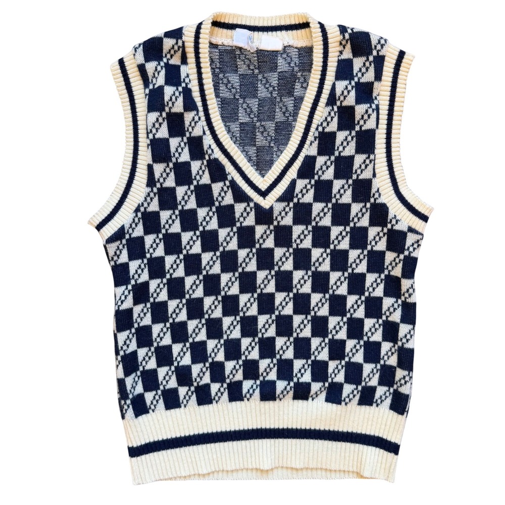 Vintage Rob Roy Sweater Vest Size M Youth / Women's XS Navy Cream Checkered Knit
